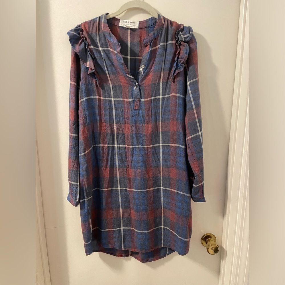Cloth & Stone for Anthropologie plaid ruffled long sleeve dress in Small